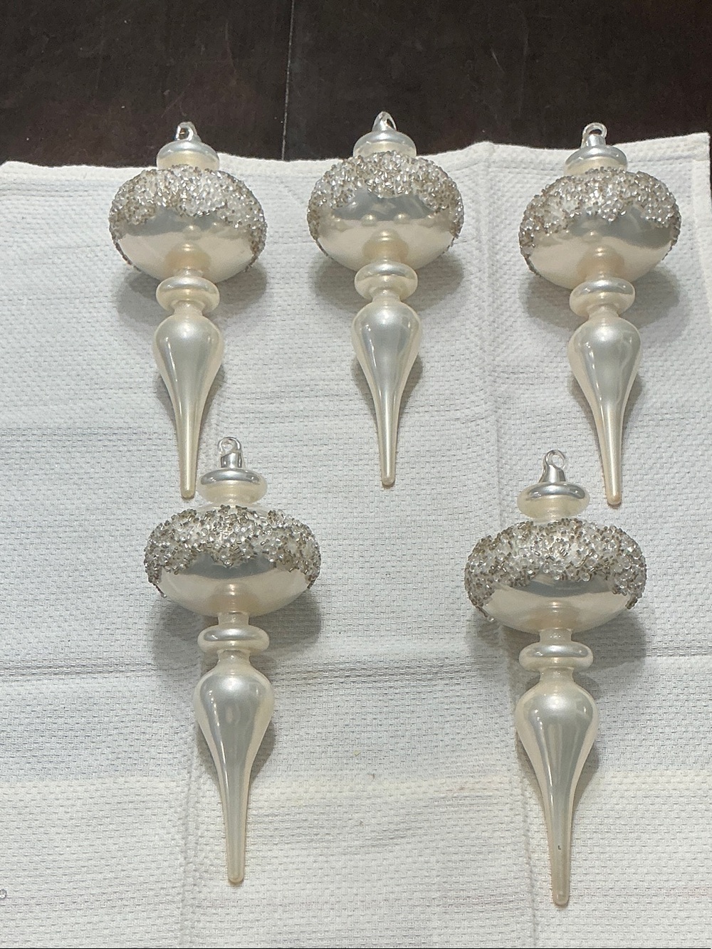 Pearl White Glitter Finial Holiday Ornaments - Set of 5 by Valerie Parr Hill